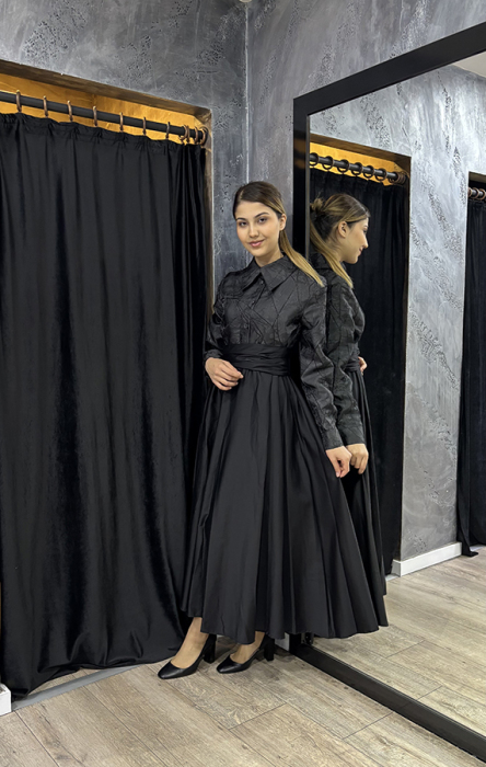 Bey's Design Poplin 2Renk Elbise SİYAH - 2