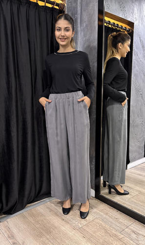 Miss Dalida Beli Lastikli Bol Paça Cupro Pantolon ANTRASİT - 2