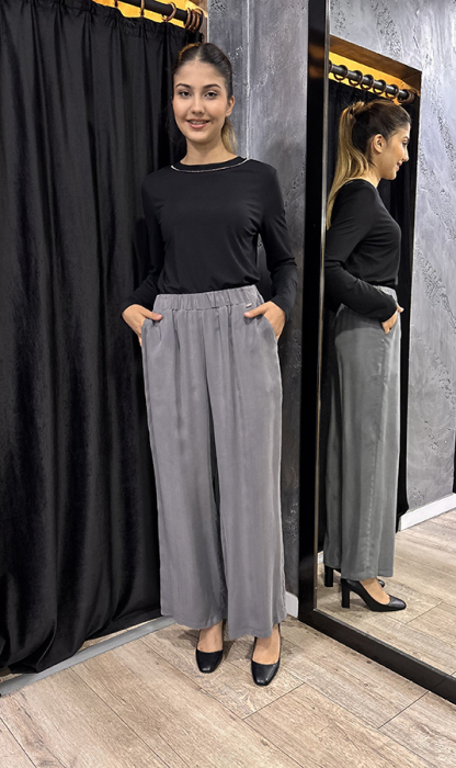 Miss Dalida Beli Lastikli Bol Paça Cupro Pantolon ANTRASİT - 2