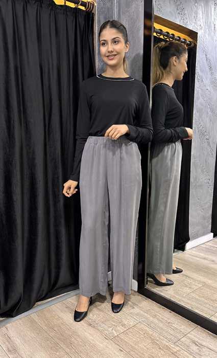 Miss Dalida Beli Lastikli Bol Paça Cupro Pantolon ANTRASİT - 1
