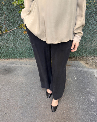 Miss Dalida Beli Lastikli Bol Paça Cupro Pantolon BLACK - 4