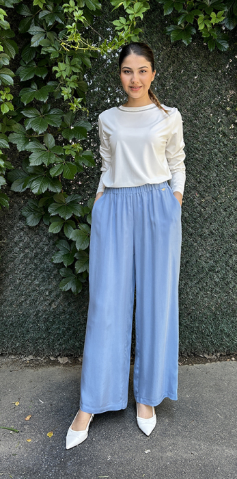 Miss Dalida Beli Lastikli Bol Paça Cupro Pantolon BLUE - 2