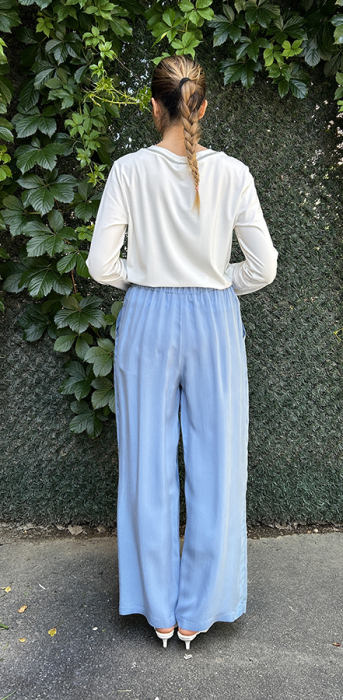 Miss Dalida Beli Lastikli Bol Paça Cupro Pantolon BLUE - 4