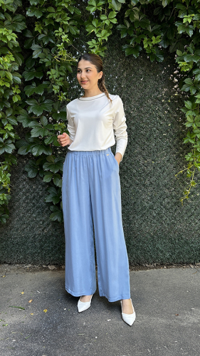 Miss Dalida Beli Lastikli Bol Paça Cupro Pantolon BLUE 