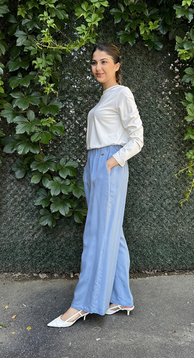 Miss Dalida Beli Lastikli Bol Paça Cupro Pantolon BLUE - 3