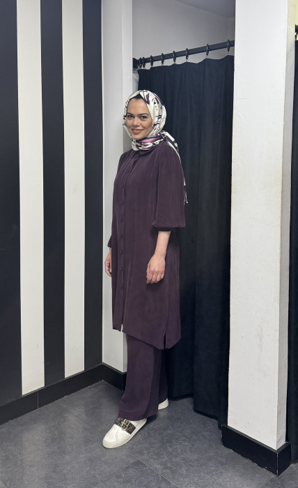 Miss Dalida Beli Lastikli Bol Paça Cupro Pantolon Oubergine - 3