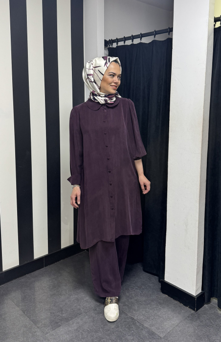 Miss Dalida Beli Lastikli Bol Paça Cupro Pantolon Oubergine - 4