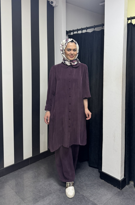 Miss Dalida Beli Lastikli Bol Paça Cupro Pantolon Oubergine - 5