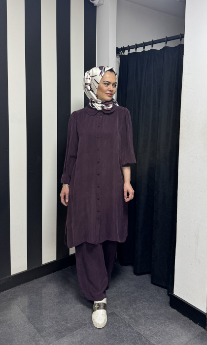 Miss Dalida Beli Lastikli Bol Paça Cupro Pantolon Oubergine - 6