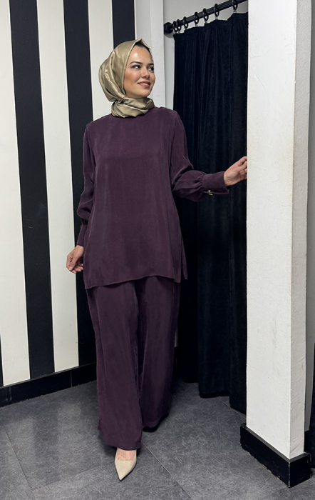 Miss Dalida Beli Lastikli Bol Paça Cupro Pantolon Oubergine - 2