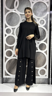 Miss Dalida Düğme Aksesuarlı Düz Renk Triko Tunik BLACK 