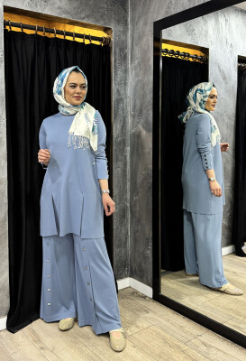 Miss Dalida Düğme Aksesuarlı Düz Renk Triko Tunik BLUE 