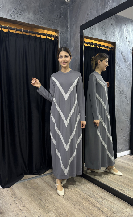 Miss Dalida Geometrik Desenli Triko Elbise ANTRASİT - 5