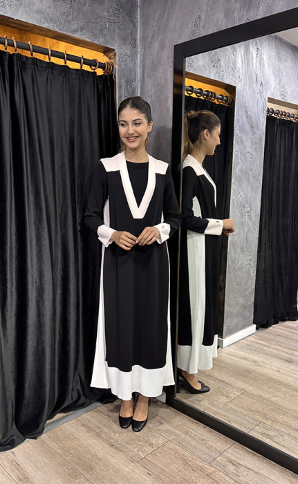 Miss Dalida İç Elbiseli V Yaka Triko Elbise BLACK - 1