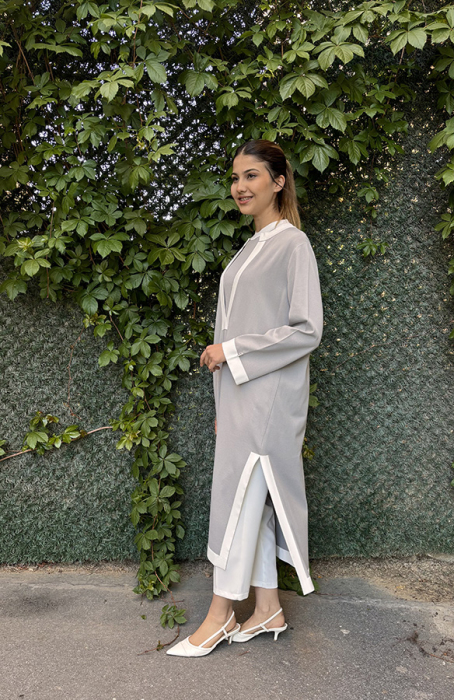 Miss Dalida V Yaka Uzun Triko Tunik GREY - 3