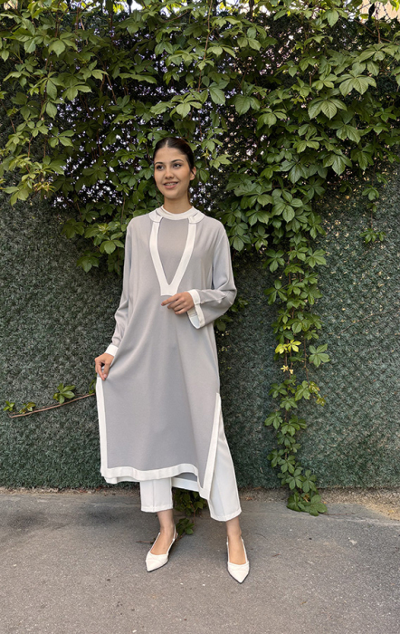Miss Dalida V Yaka Uzun Triko Tunik GREY - 1