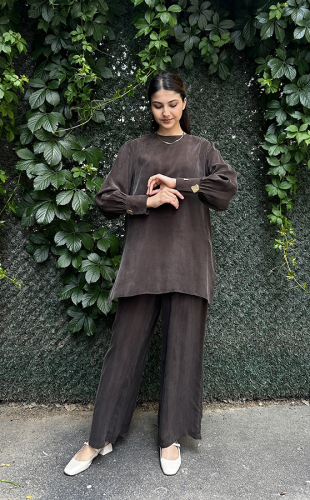 Miss Dalida Yuvarlak Yaka Klasik Kesim Cupro Tunik Cacao - 2