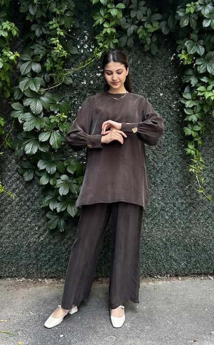 Miss Dalida Yuvarlak Yaka Klasik Kesim Cupro Tunik Cacao - 2