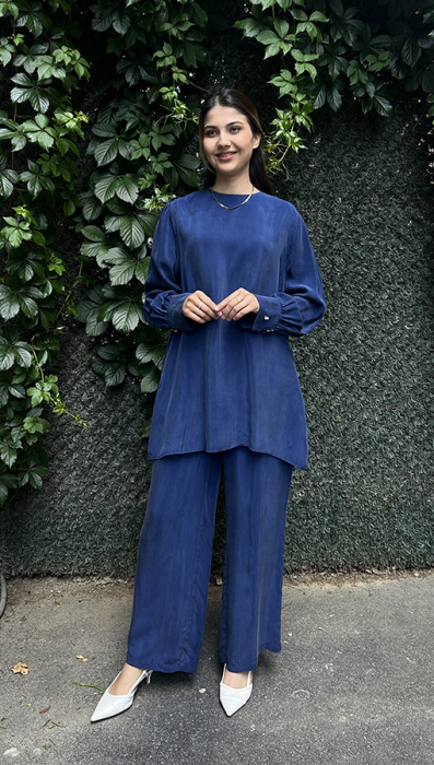 Miss Dalida Yuvarlak Yaka Klasik Kesim Cupro Tunik Navy Blue - 1