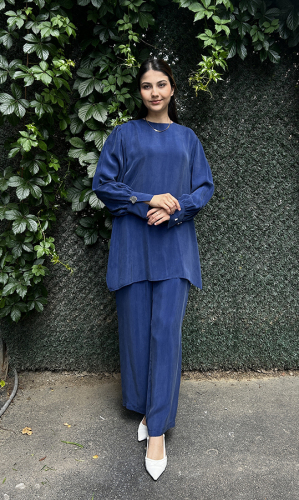 Miss Dalida Yuvarlak Yaka Klasik Kesim Cupro Tunik Navy Blue - 2