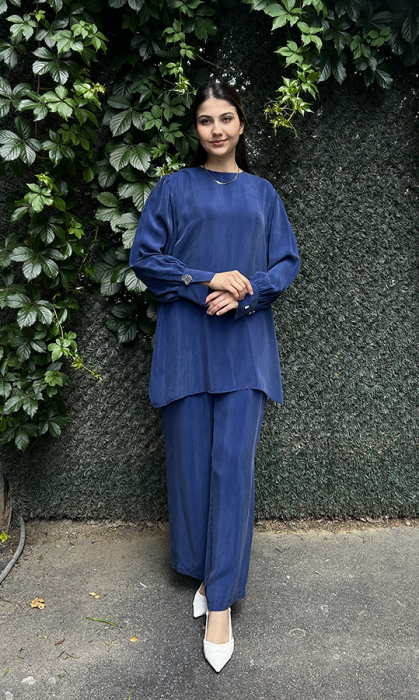 Miss Dalida Yuvarlak Yaka Klasik Kesim Cupro Tunik Navy Blue - 2