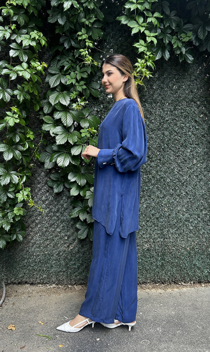Miss Dalida Yuvarlak Yaka Klasik Kesim Cupro Tunik Navy Blue - 3