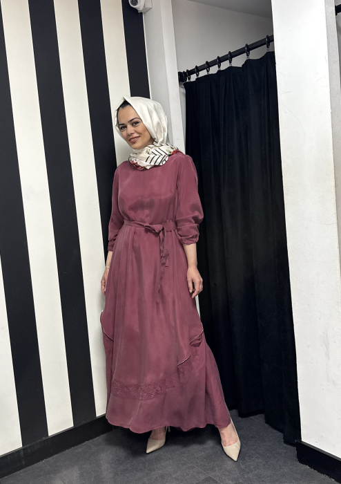 MissWhence Fermuarlı Detaylı İpek Elbise GÜL KURUSU - 2