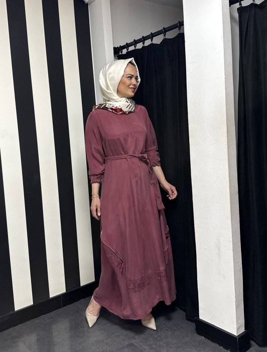 MissWhence Fermuarlı Detaylı İpek Elbise GÜL KURUSU - 3