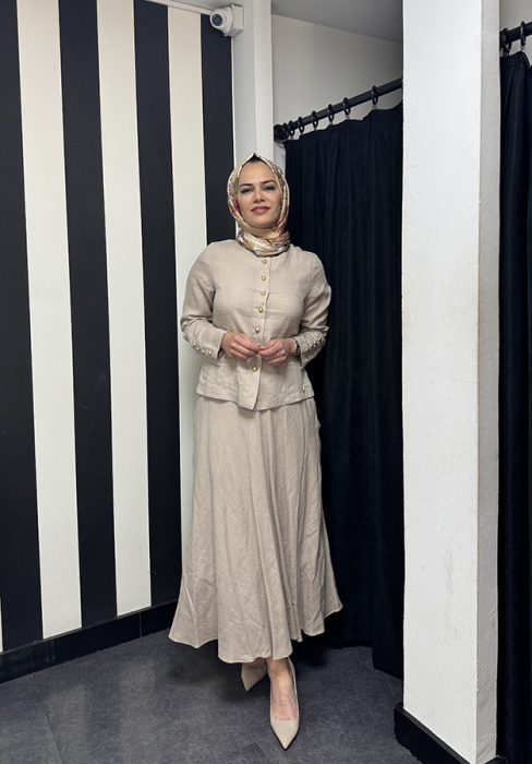 MissDalida Düz Renk Keten Kloş Etek Stone - 3