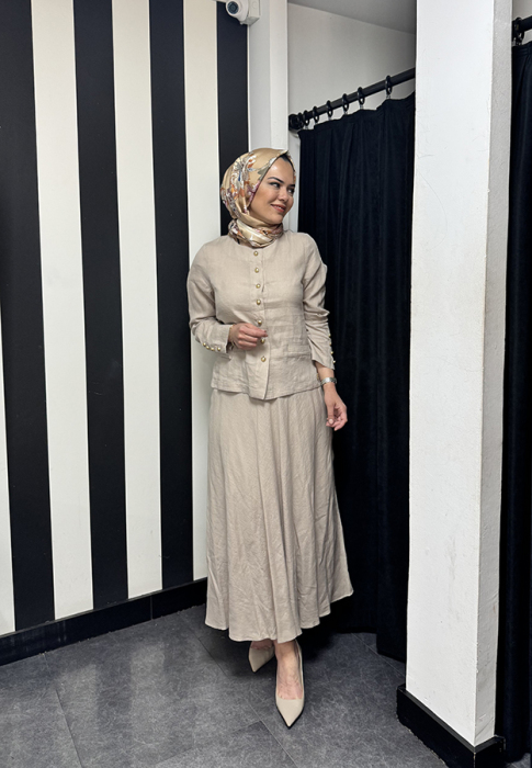 MissDalida Düz Renk Keten Kloş Etek Stone - 2