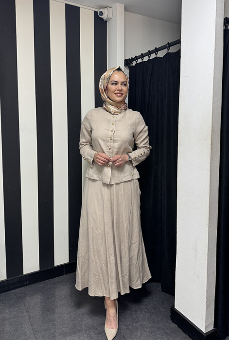MissDalida Düz Renk Keten Kloş Etek Stone - 4