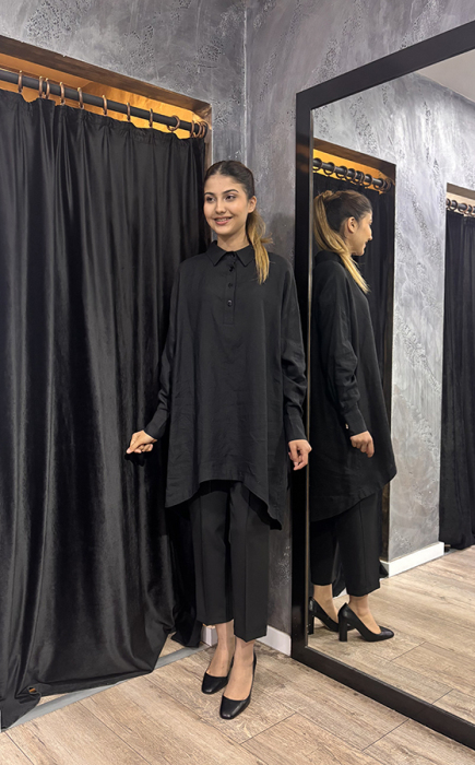 MissDalida Yakası Düğmeli Keten Tunik BLACK - 1