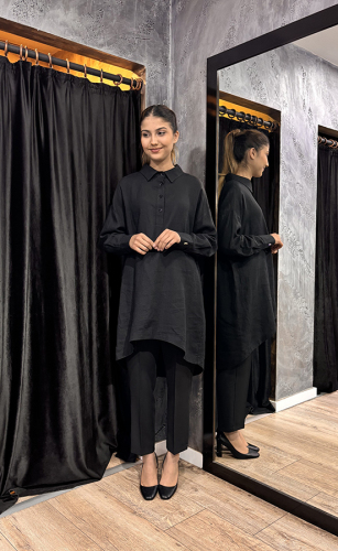 MissDalida Yakası Düğmeli Keten Tunik BLACK - 2