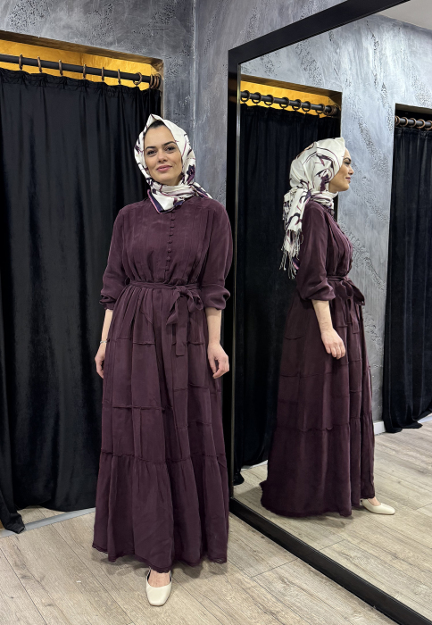 MissWhence Düğme Detaylı Kuşaklı Elbise BORDO - 1