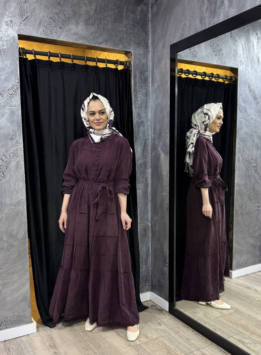 MissWhence Düğme Detaylı Kuşaklı Elbise BORDO - 5
