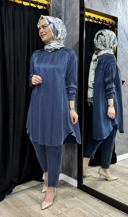 MissWhence Tuniği Bileği Büzgülü Pantolonlu Takım İNDİGO - 2