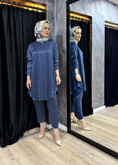 MissWhence Tuniği Bileği Büzgülü Pantolonlu Takım İNDİGO - 3