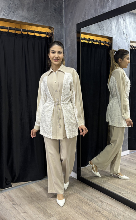 SBL Design Belden Büzgülü Düğmeli Pantolonlu Takım BEJ - 1