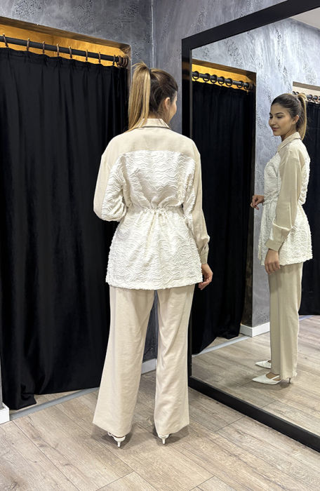 SBL Design Belden Büzgülü Düğmeli Pantolonlu Takım BEJ - 3