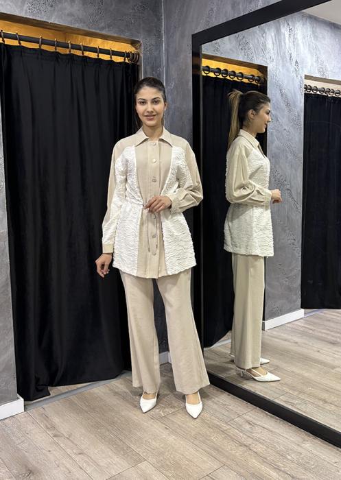 SBL Design Belden Büzgülü Düğmeli Pantolonlu Takım BEJ - 4