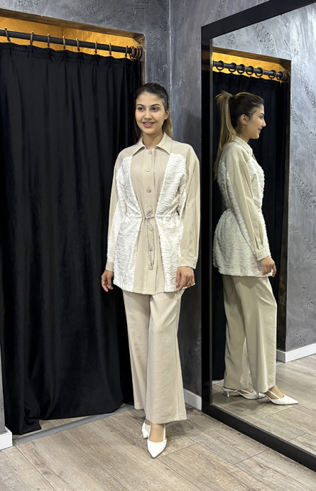 SBL Design Belden Büzgülü Düğmeli Pantolonlu Takım BEJ - 5