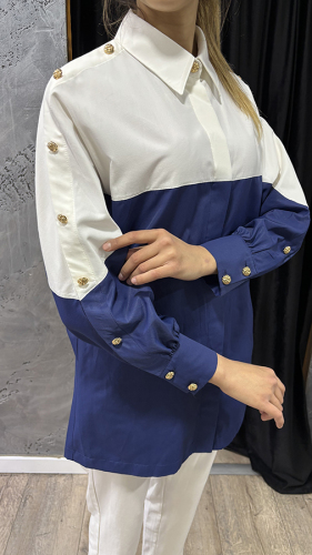 SBL Design Gold Düğme Detaylı Pantolonlu Takım Ekru-Lacivert - 3
