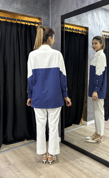 SBL Design Gold Düğme Detaylı Pantolonlu Takım Ekru-Lacivert - 5