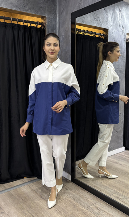 SBL Design Gold Düğme Detaylı Pantolonlu Takım Ekru-Lacivert - 2