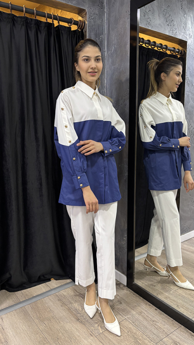 SBL Design Gold Düğme Detaylı Pantolonlu Takım Ekru-Lacivert - 4