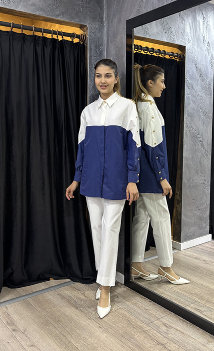 SBL Design Gold Düğme Detaylı Pantolonlu Takım Ekru-Lacivert - 1