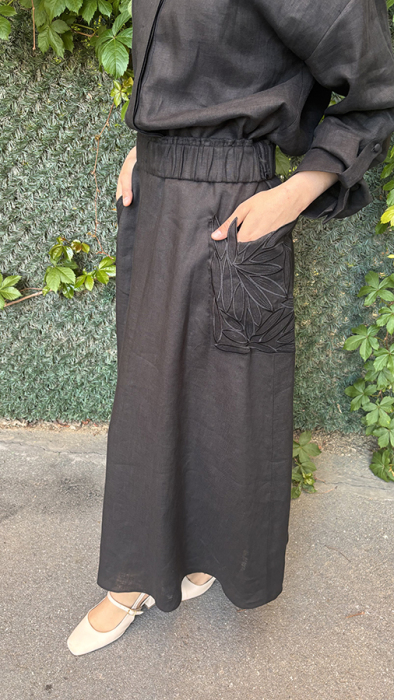 Si Design Cepleri Yaprak Desenli Keten Etek BLACK - 4