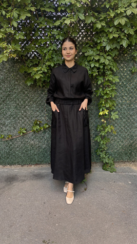 Si Design Cepleri Yaprak Desenli Keten Etek BLACK - 1