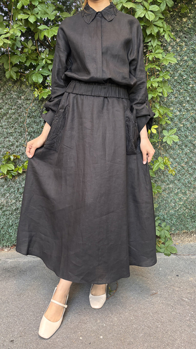 Si Design Cepleri Yaprak Desenli Keten Etek BLACK - 3