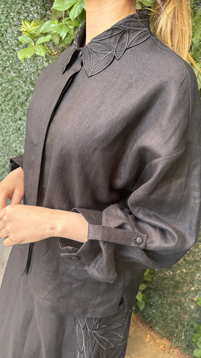 Si Design Yakası Yaprak Desenli Keten Gömlek BLACK - 2